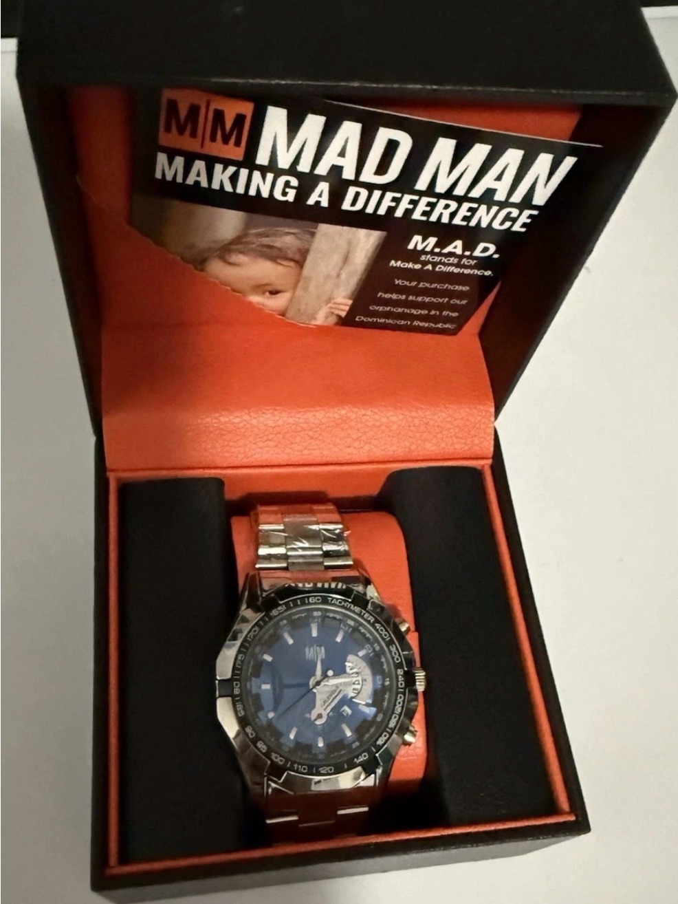 Mens Silver Stainless Steel Watch With Blue Dial